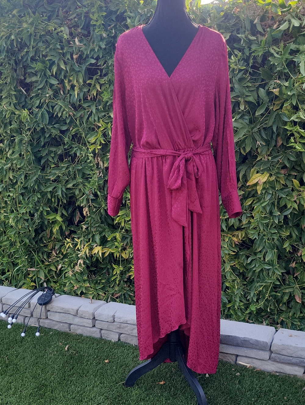 Alexa B Wrap High Low Animal Print Textured Maxi Dress in Burgundy Wine 14